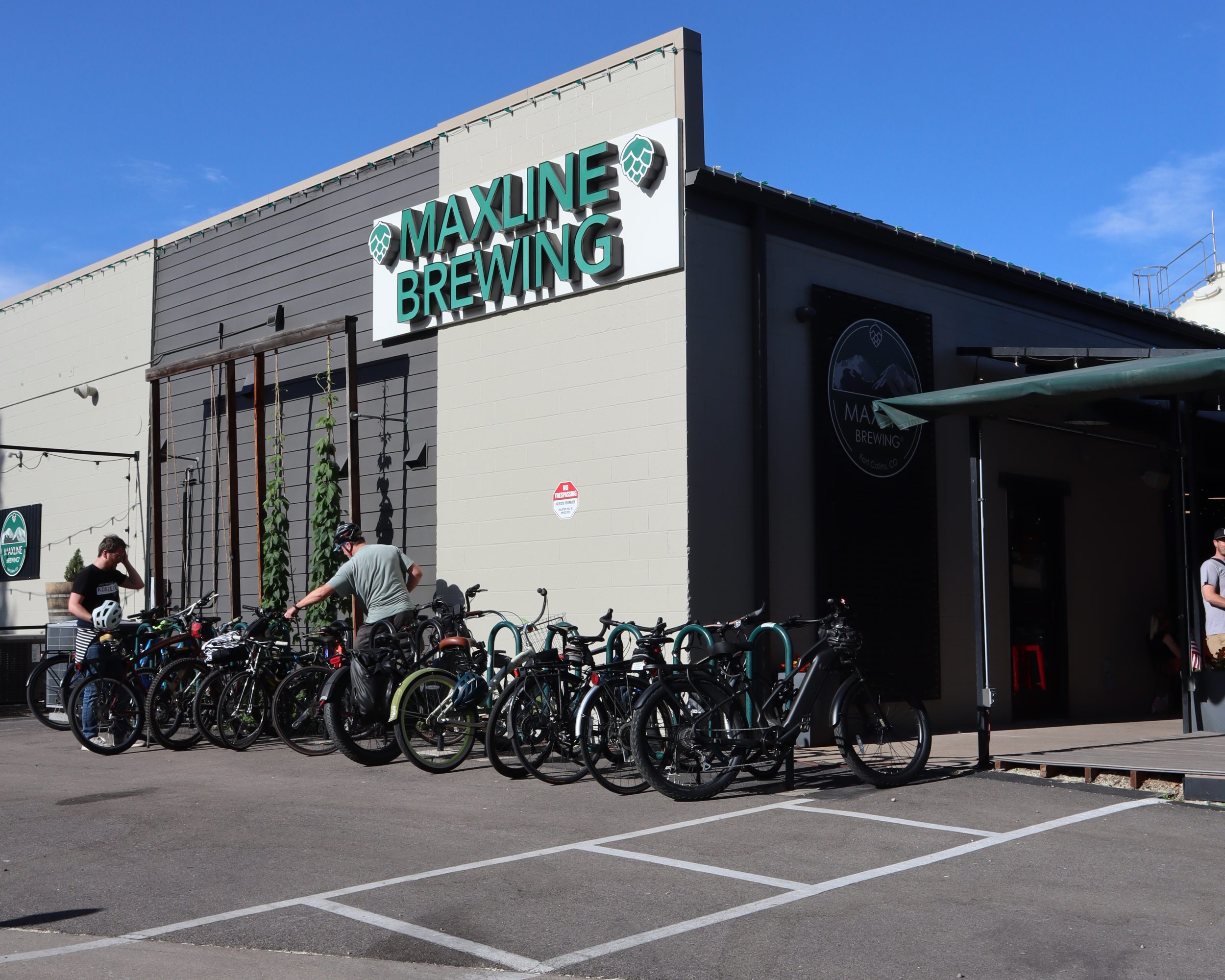 Maxline brewing patio with bicycles, Mid town Fort Collins Brewery